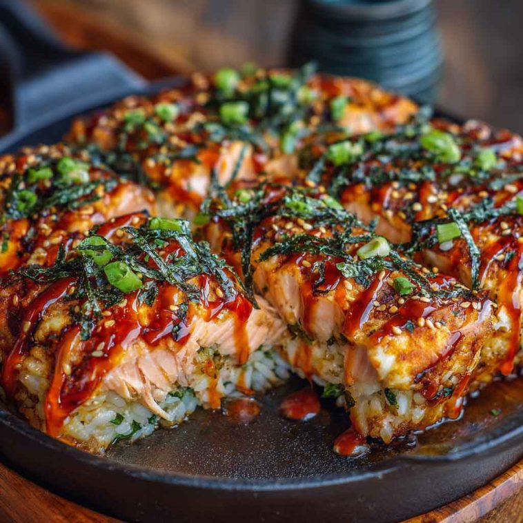 A golden-baked sushi casserole layered with rice, spicy salmon, creamy mayo, and melted cheese, topped with sesame seeds and green onions.