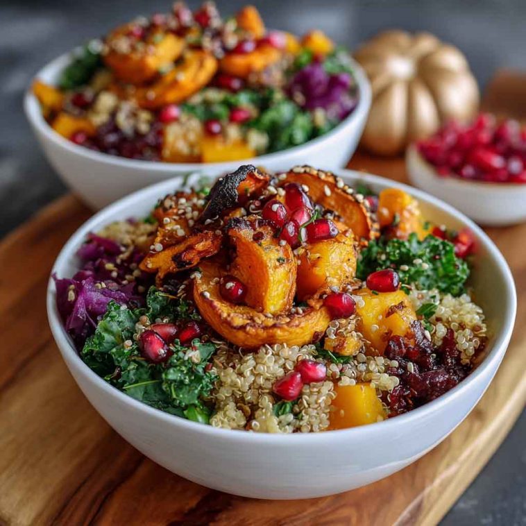 A bowl of autumn glow quinoa topped with roasted sweet potatoes, kale, chickpeas, and a drizzle of tahini dressing.