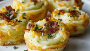 Golden mashed potato nests baked until crispy on the outside, filled with creamy cheese and savory toppings, garnished with fresh herbs.