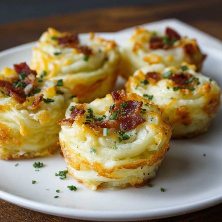 Golden mashed potato nests baked until crispy on the outside, filled with creamy cheese and savory toppings, garnished with fresh herbs.