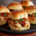 Golden baked buns filled with spicy chicken and melted cheese, topped with herbs and served on a tray.