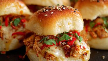 Golden baked buns filled with spicy chicken and melted cheese, topped with herbs and served on a tray.