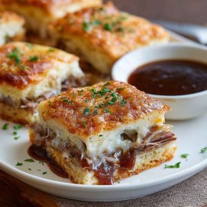 Golden baked French dip squares filled with roast beef, melted cheese, and served with au jus dipping sauce.