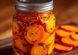 Jar of hot honey pickled carrots with chili flakes and golden honey, garnished with fresh herbs.
