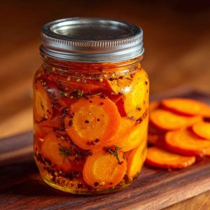 Jar of hot honey pickled carrots with chili flakes and golden honey, garnished with fresh herbs.