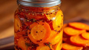 Jar of hot honey pickled carrots with chili flakes and golden honey, garnished with fresh herbs.