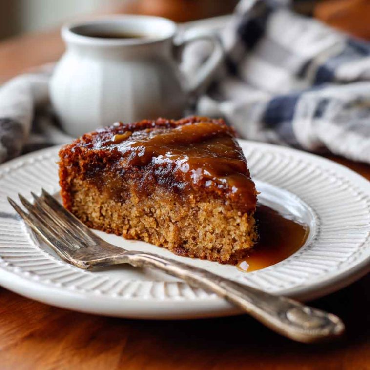 Moist Amish applesauce cake topped with glaze and sprinkled with cinnamon on a rustic serving plate.