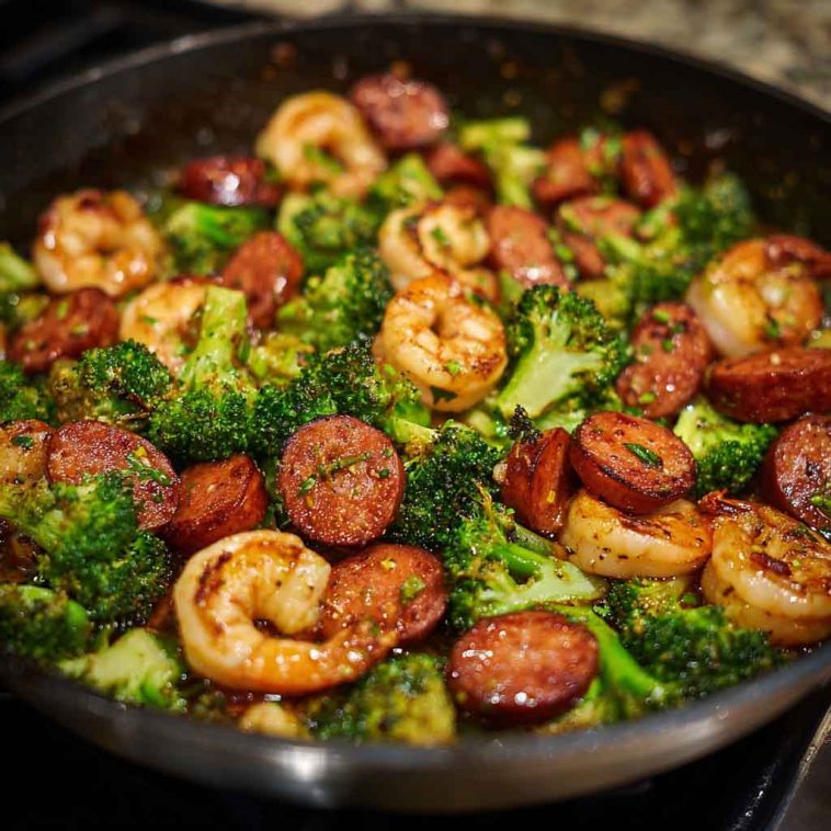 Honey garlic shrimp with savory sausages and roasted broccoli served in a skillet, glazed with golden sauce.