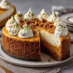 Carrot cake cheesecake topped with creamy frosting, garnished with crushed walnuts and a drizzle of caramel.
