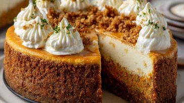 Carrot cake cheesecake topped with creamy frosting, garnished with crushed walnuts and a drizzle of caramel.