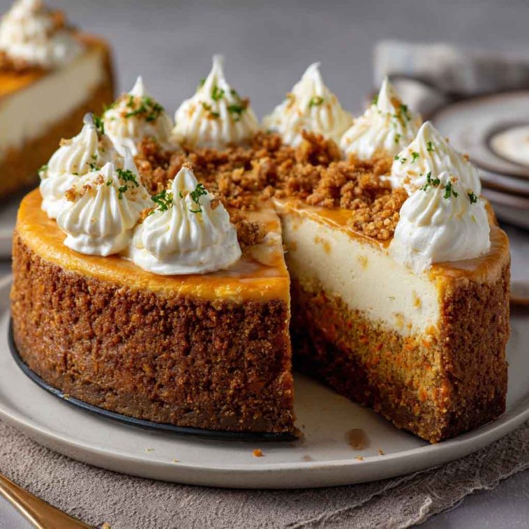 Carrot cake cheesecake topped with creamy frosting, garnished with crushed walnuts and a drizzle of caramel.