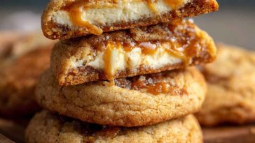 Salted caramel cheesecake cookies with golden caramel drizzle and creamy centers on a baking tray.