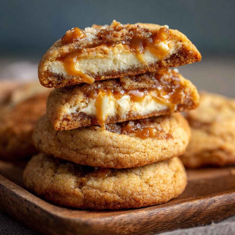 Salted caramel cheesecake cookies with golden caramel drizzle and creamy centers on a baking tray.