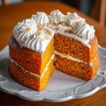 Moist pumpkin cake drizzled with honey garlic glaze, topped with shrimp for a unique sweet-savory twist.