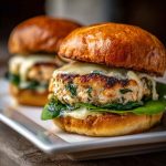 Grilled chicken burgers with melted white cheddar and spinach, served on toasted buns with lettuce and aioli.