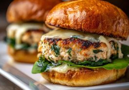 Grilled chicken burgers with melted white cheddar and spinach, served on toasted buns with lettuce and aioli.