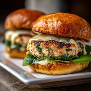 Grilled chicken burgers with melted white cheddar and spinach, served on toasted buns with lettuce and aioli.