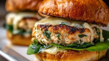 Grilled chicken burgers with melted white cheddar and spinach, served on toasted buns with lettuce and aioli.