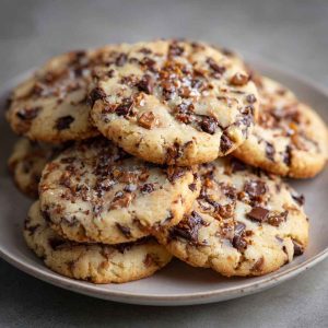 Golden shortbread cookies studded with chocolate chips and crunchy toffee bits, stacked on a plate with crumbs scattered around.