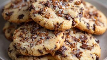 Golden shortbread cookies studded with chocolate chips and crunchy toffee bits, stacked on a plate with crumbs scattered around.