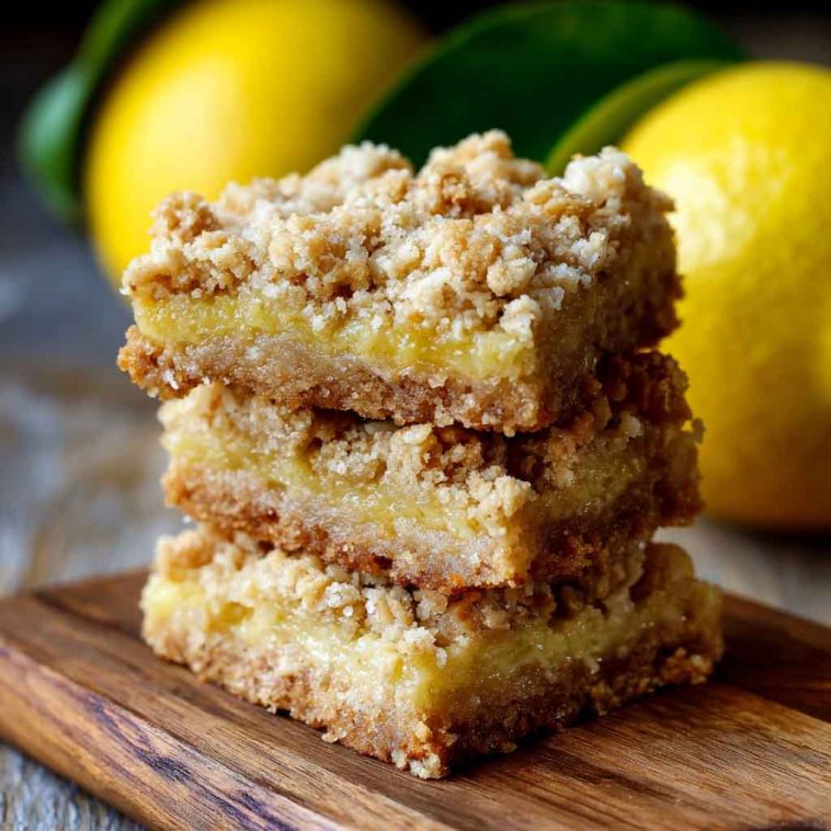 Golden lemon oatmeal crumble bars with a zesty lemon filling and buttery oat topping.
