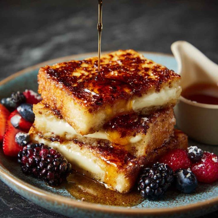 Golden slices of crème brûlée French toast with caramelized tops and powdered sugar on a serving plate.