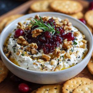 Creamy whipped feta dip topped with cranberries and walnuts, served in a rustic bowl with crackers.
