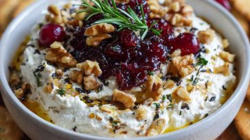 Creamy whipped feta dip topped with cranberries and walnuts, served in a rustic bowl with crackers.