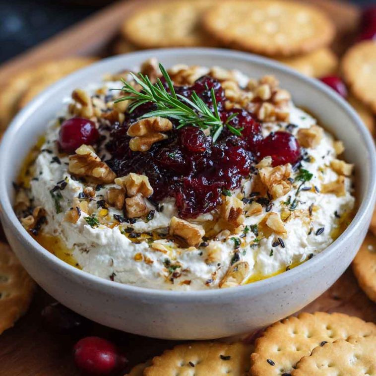 Creamy whipped feta dip topped with cranberries and walnuts, served in a rustic bowl with crackers.