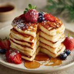 Stack of golden fluffy pancakes topped with butter and maple syrup, served on a breakfast table.