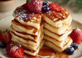 Stack of golden fluffy pancakes topped with butter and maple syrup, served on a breakfast table.