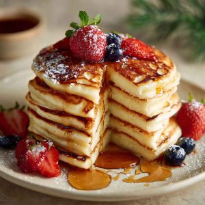 Stack of golden fluffy pancakes topped with butter and maple syrup, served on a breakfast table.