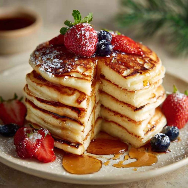 Stack of golden fluffy pancakes topped with butter and maple syrup, served on a breakfast table.