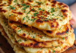 Golden keto naan bread brushed with garlic butter, served with curry and fresh herbs on a rustic plate.