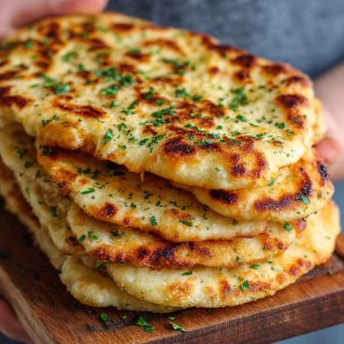 Golden keto naan bread brushed with garlic butter, served with curry and fresh herbs on a rustic plate.