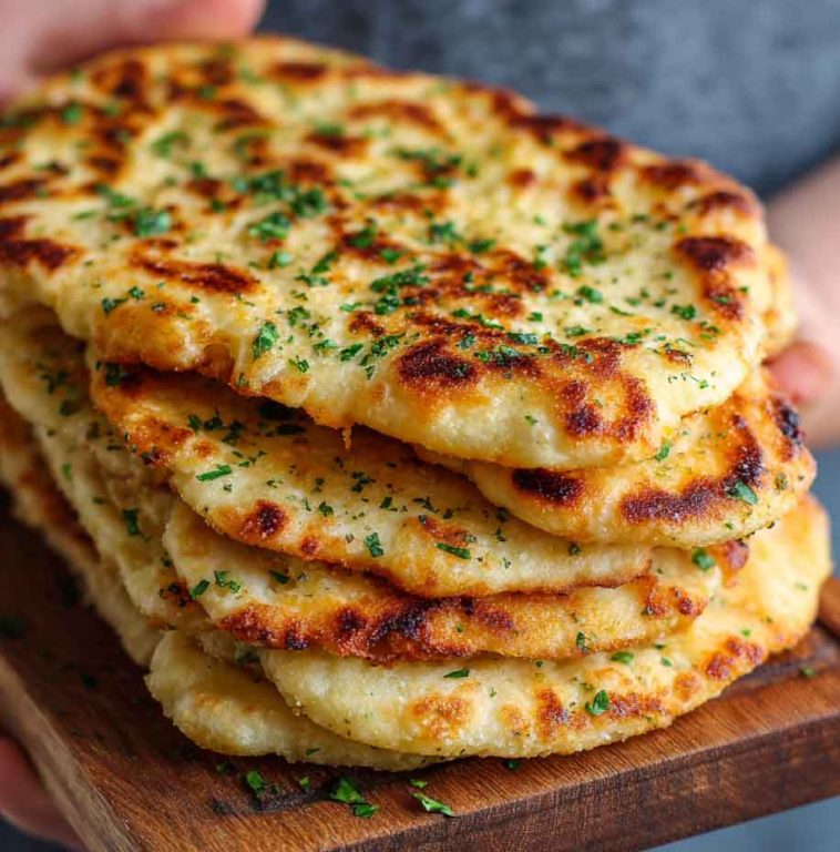 Golden keto naan bread brushed with garlic butter, served with curry and fresh herbs on a rustic plate.