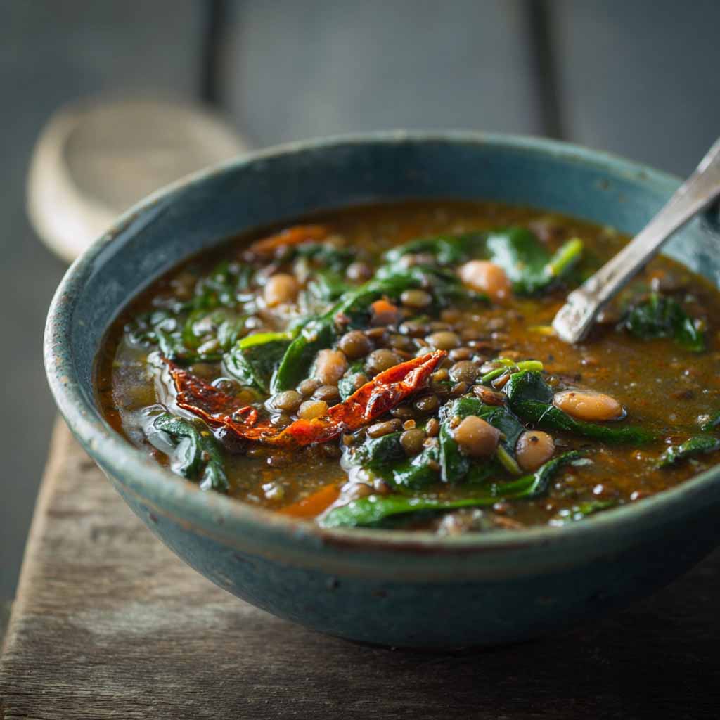 Bowl of spinach, lentil, and butter bean soup garnished with fresh herbs