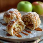 Golden caramel apple pie bombs filled with gooey apple pie filling and caramel, baked until warm and flaky.
