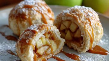 Golden caramel apple pie bombs filled with gooey apple pie filling and caramel, baked until warm and flaky.