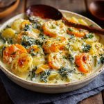 Creamy winter vegetable casserole baked golden in a dish, filled with seasonal vegetables and topped with melted cheese.
