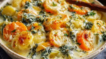 Creamy winter vegetable casserole baked golden in a dish, filled with seasonal vegetables and topped with melted cheese.