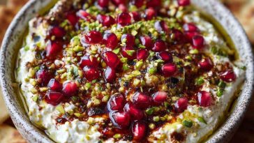 Creamy feta dip topped with jewel-like pomegranate seeds and crunchy pistachios, drizzled with honey and served with pita chips.
