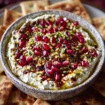 Creamy feta dip topped with jewel-like pomegranate seeds and crunchy pistachios, drizzled with honey and served with pita chips.