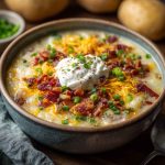 Creamy loaded baked potato soup topped with bacon, cheddar, sour cream, and green onions in a bowl.