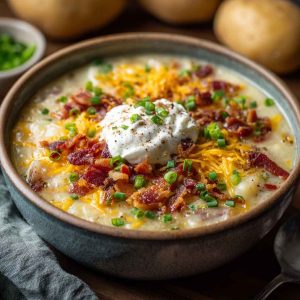 Creamy loaded baked potato soup topped with bacon, cheddar, sour cream, and green onions in a bowl.