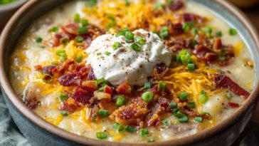 Creamy loaded baked potato soup topped with bacon, cheddar, sour cream, and green onions in a bowl.