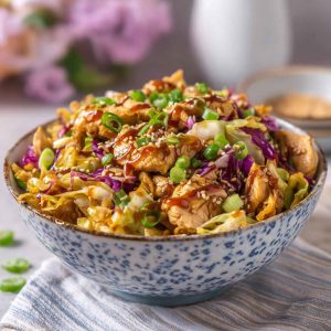 A bowl filled with sautéed ground chicken, shredded cabbage, carrots, and green onions, drizzled with soy sauce and sesame seeds.