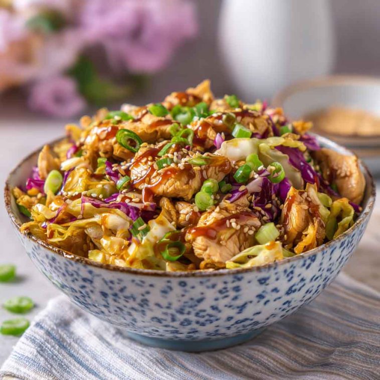 A bowl filled with sautéed ground chicken, shredded cabbage, carrots, and green onions, drizzled with soy sauce and sesame seeds.