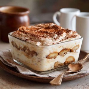Coquito tiramisu layered with mascarpone cream and dusted with cinnamon in a glass dish.