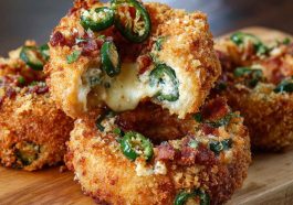 Golden-fried onion rings stuffed with jalapeño cream cheese filling, garnished with fresh herbs and served with dipping sauce.